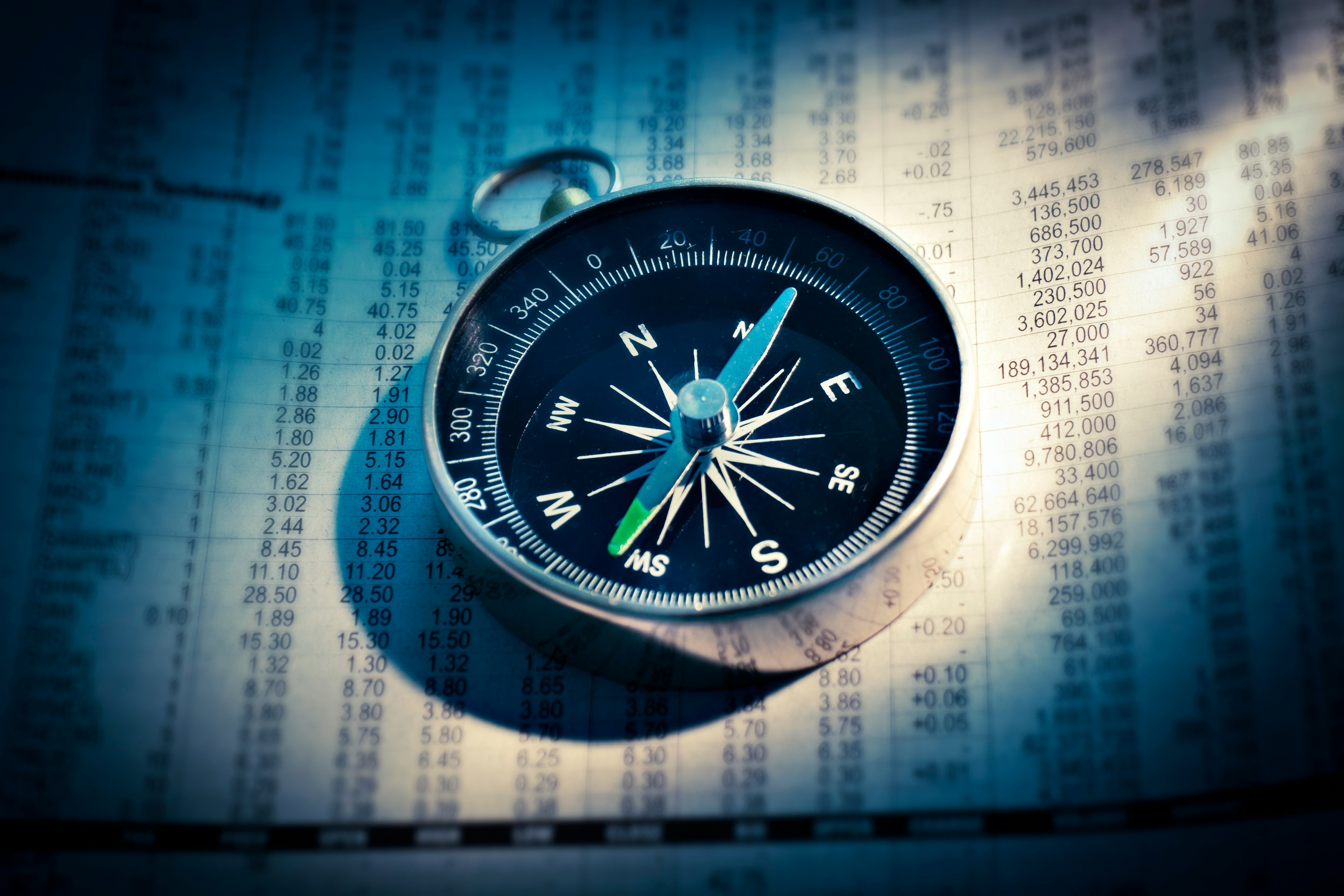 A compass resting on financial market data